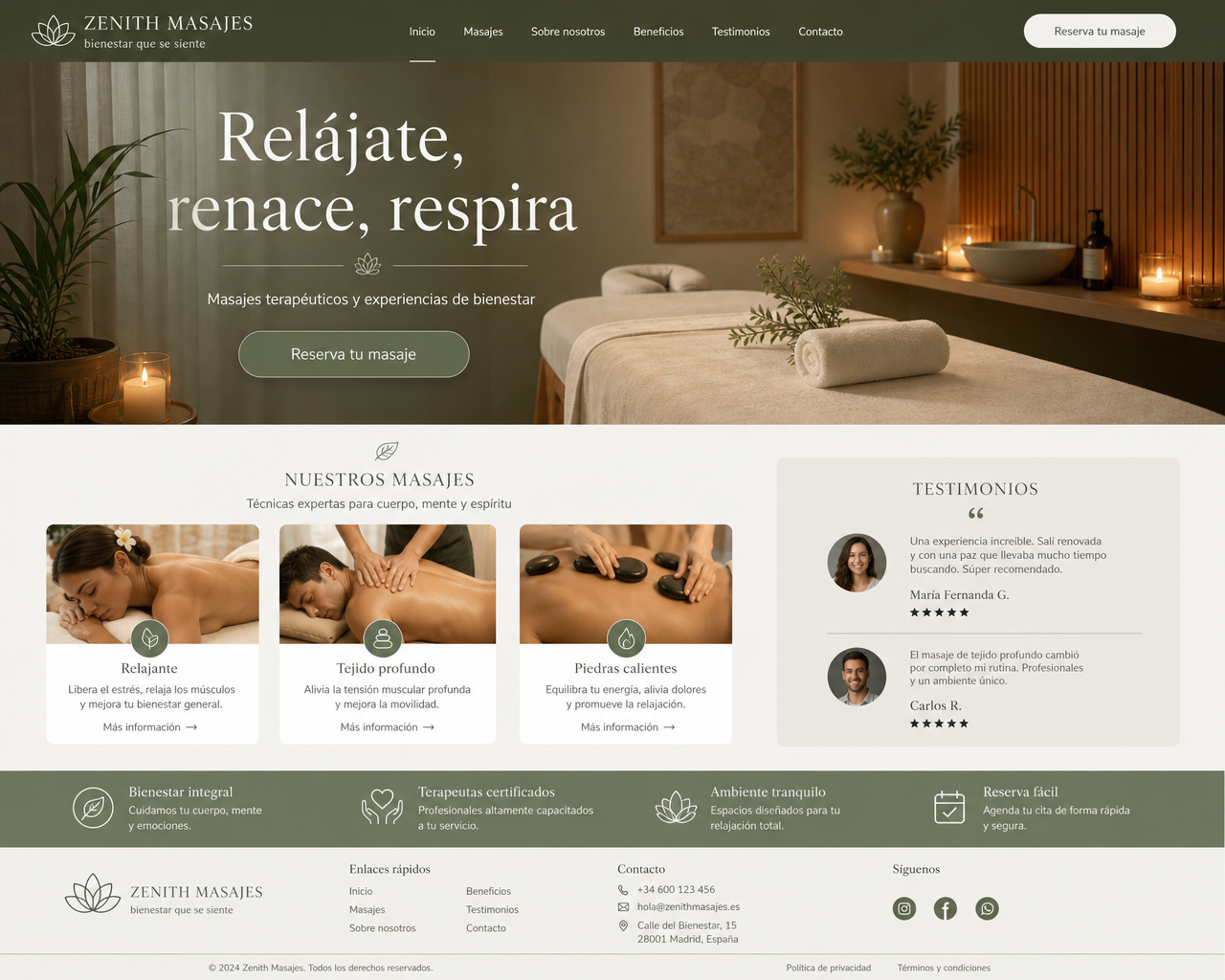 Landing page para centro de masajes y bienestar