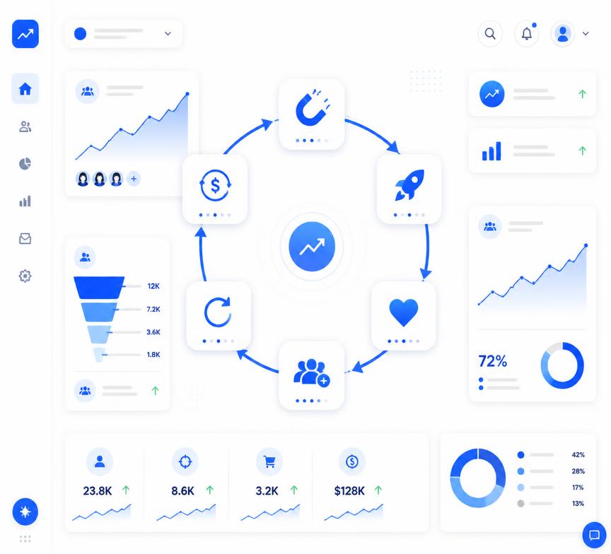 Visualización del ciclo de crecimiento: adquisición, fidelización, recomendación y reactivación de clientes