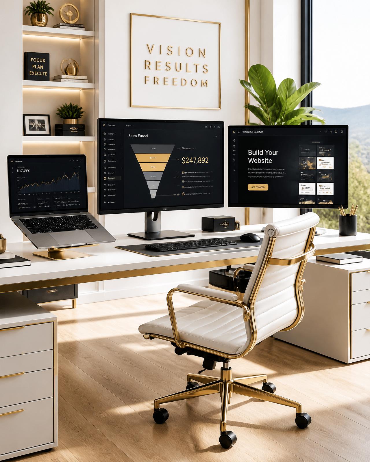 Espacio de trabajo premium iluminado por luz cálida dorada